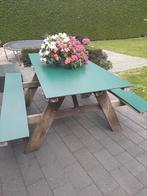 Picknicktafel met groen trespa tafelblad en zitgedeelte, Ophalen, Gebruikt, Rechthoekig, Hout