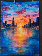 Zonnige skyline – warme zonsondergang in gouache, Hobby en Vrije tijd, Ophalen of Verzenden, Nieuw