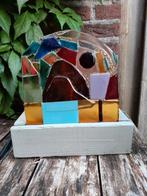 Glas en lood look lamp op hout, Huis en Inrichting, Ophalen of Verzenden, Zo goed als nieuw, Glas, Minder dan 50 cm