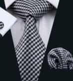 100% zijden stropdas pochet manchetknopen Zwart Grijs NIEUW, Kleding | Heren, Stropdassen, Nieuw, Met patroon, Ophalen of Verzenden