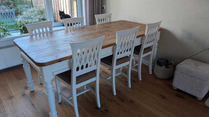 Mooie houten tafel + 6 stoelen, Huis en Inrichting, Complete eetkamers, Gebruikt, 6 tot 8 stoelen, Ophalen