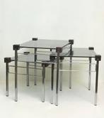 Vintage set glazen tafels jaren 70, hout chroom glas, Ophalen