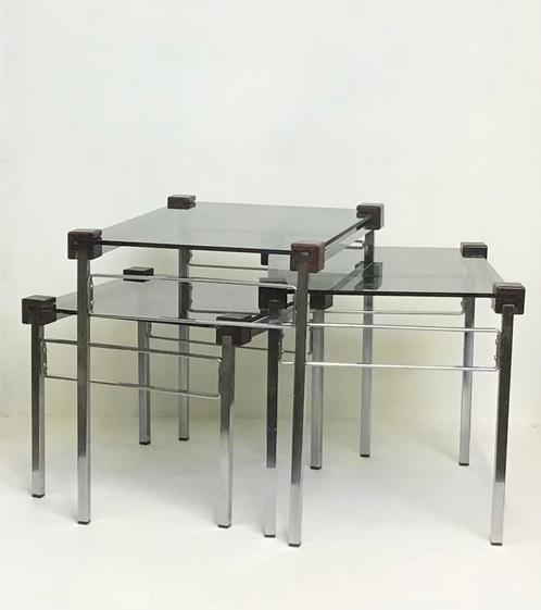 Vintage set glazen tafels jaren 70, hout chroom glas, Huis en Inrichting, Tafels | Sidetables, Ophalen