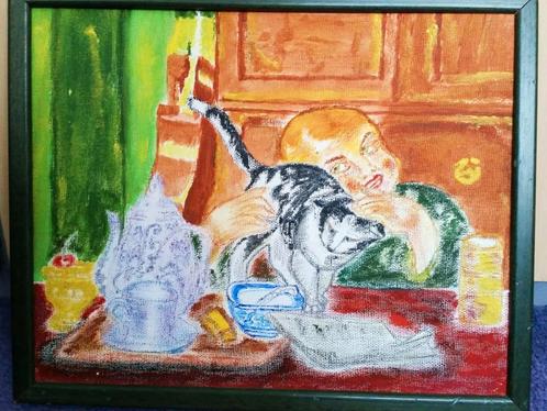 Schilderij " Lieve ontbijt ". Olieverf., Antiek en Kunst, Kunst | Schilderijen | Klassiek, Verzenden