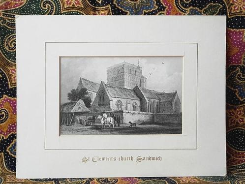 Antieke gravure uit Engeland van Saint Clements church., Antiek en Kunst, Kunst | Etsen en Gravures, Ophalen of Verzenden