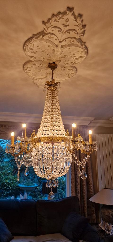 Grote Kroonluchter met Kristallen, Huis en Inrichting, Lampen | Kroonluchters, Gebruikt, Glas, Metaal, Ophalen