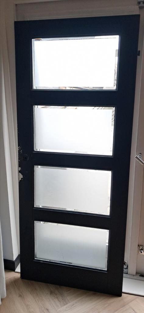 Binnen Opdekdeur rechtsdraaiend met geslepen glas, Doe-het-zelf en Verbouw, Deuren en Horren, Gebruikt, Binnendeur, 200 tot 215 cm