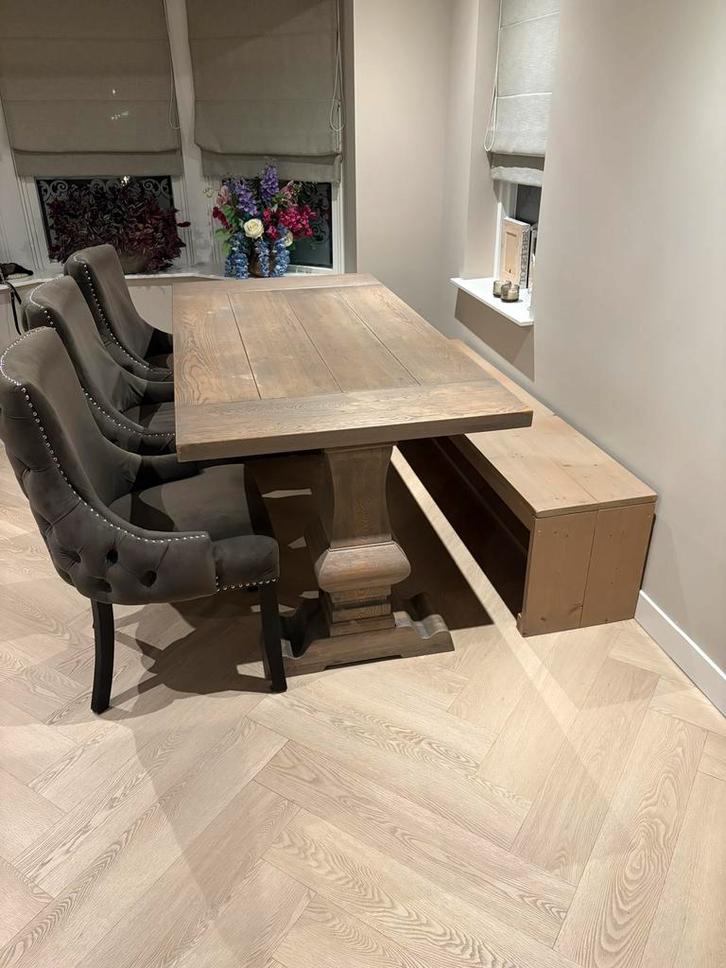 Kloostertafel met bankje en 3 stoelen, Huis en Inrichting, Tafels | Eettafels, Gebruikt, 50 tot 100 cm, 150 tot 200 cm, Vijf personen of meer