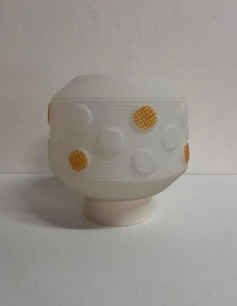 Vintage seventies bollamp wit met gele stippen, Ophalen of Verzenden, Zo goed als nieuw, Glas, Vintage