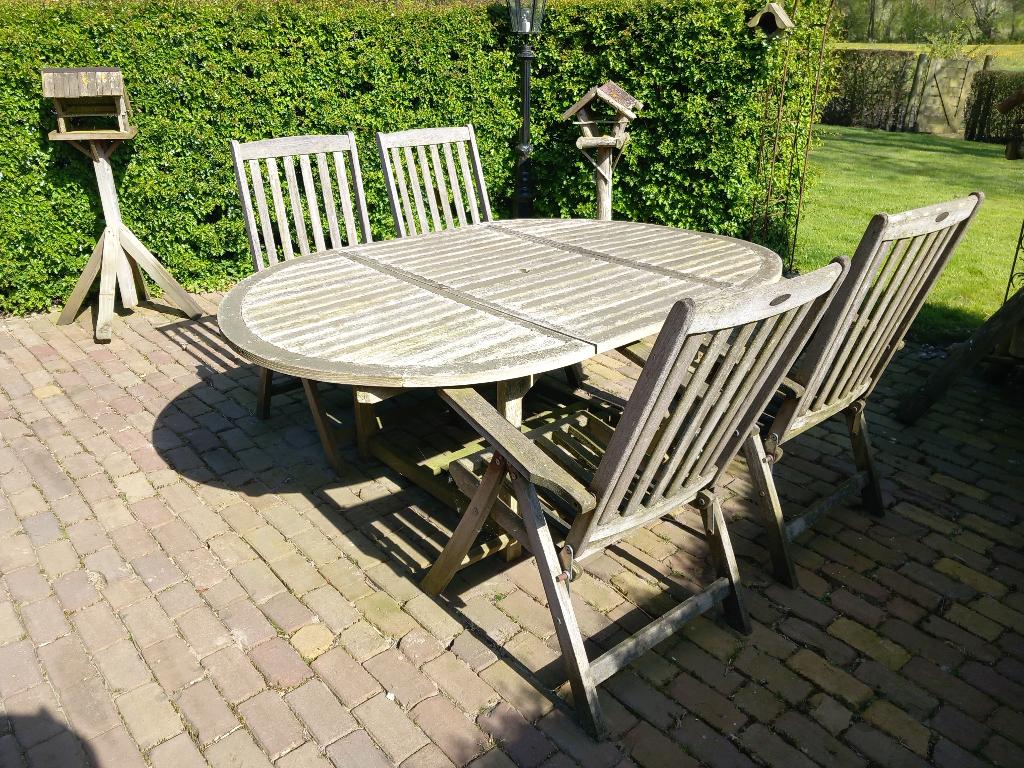Gratis houten tuinset, Ophalen, 4 zitplaatsen, Gebruikt, Tuinset