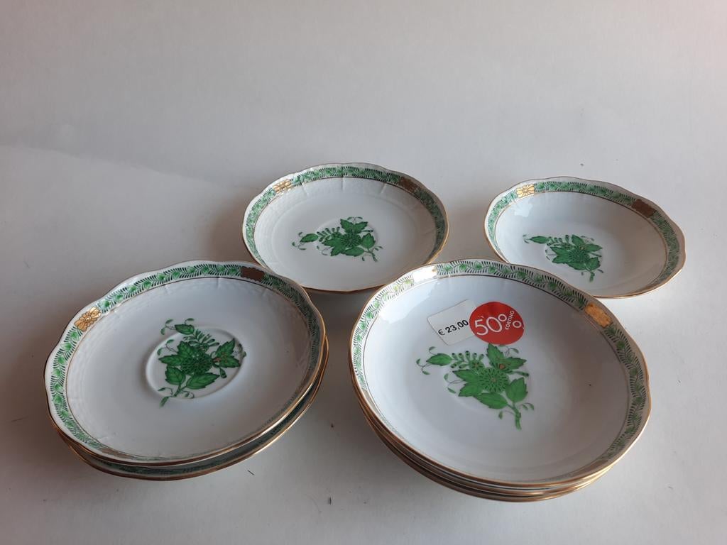 7 Herend Apponyi schotels - Groen - Handgeschilderd, Antiek en Kunst, Antiek | Porselein, Ophalen of Verzenden