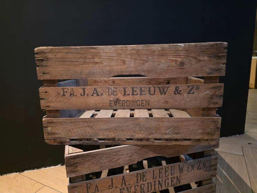 Vintage fruitkist 'FA. J.A. DE LEEUW & ZN EVERDINGEN', Gebruikt, 50 tot 100 cm, Ophalen of Verzenden, Minder dan 50 cm