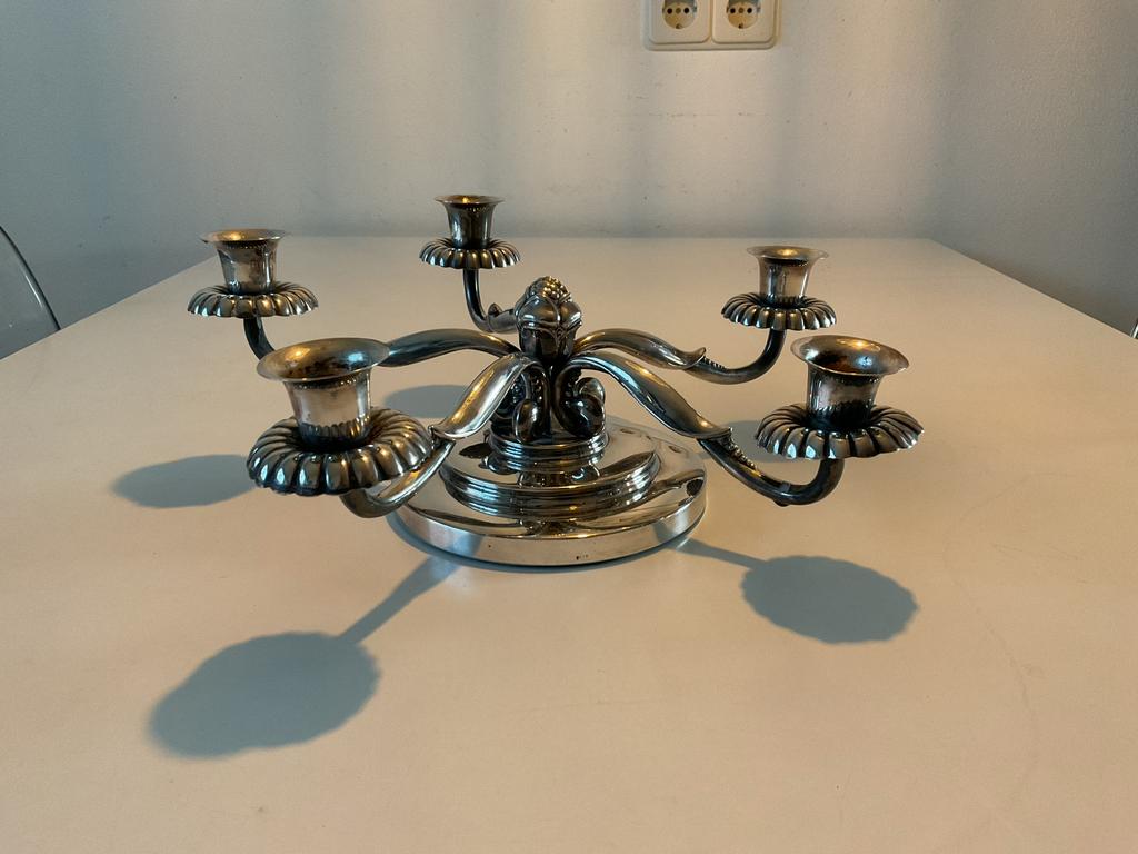 Art Nouveau 5-armige verzilverde kandelaar Denemarken, Antiek en Kunst, Ophalen of Verzenden