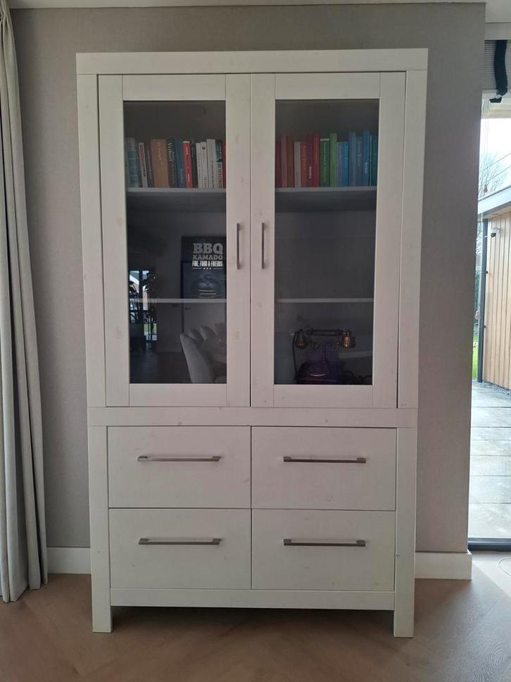Smalle witte houten buffetkast met lades en vitrine, Huis en Inrichting, Kasten | Buffetkasten, Gebruikt, 150 tot 200 cm, 50 tot 100 cm