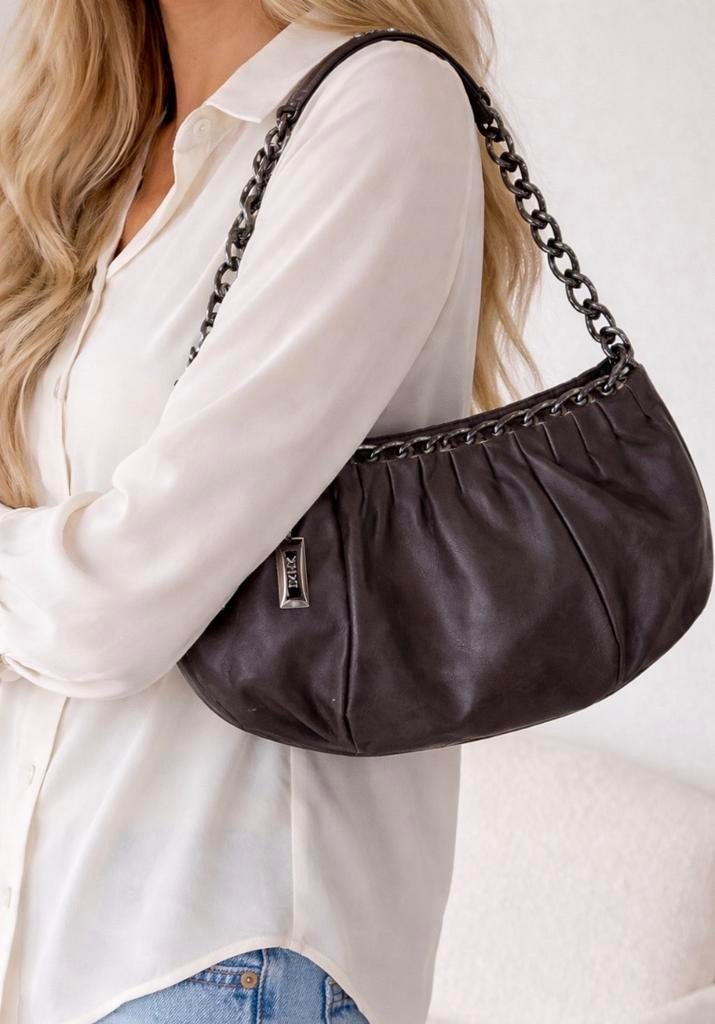DKNY donkerbruine leren tas, Ophalen of Verzenden, Zo goed als nieuw, Bruin