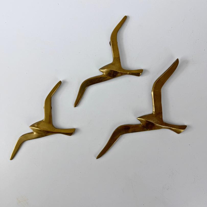 Vintage midcentury wanddecoratie 3x messing vogels  identiek, Metaal, Wandsculptuur, Gebruikt, Vintage