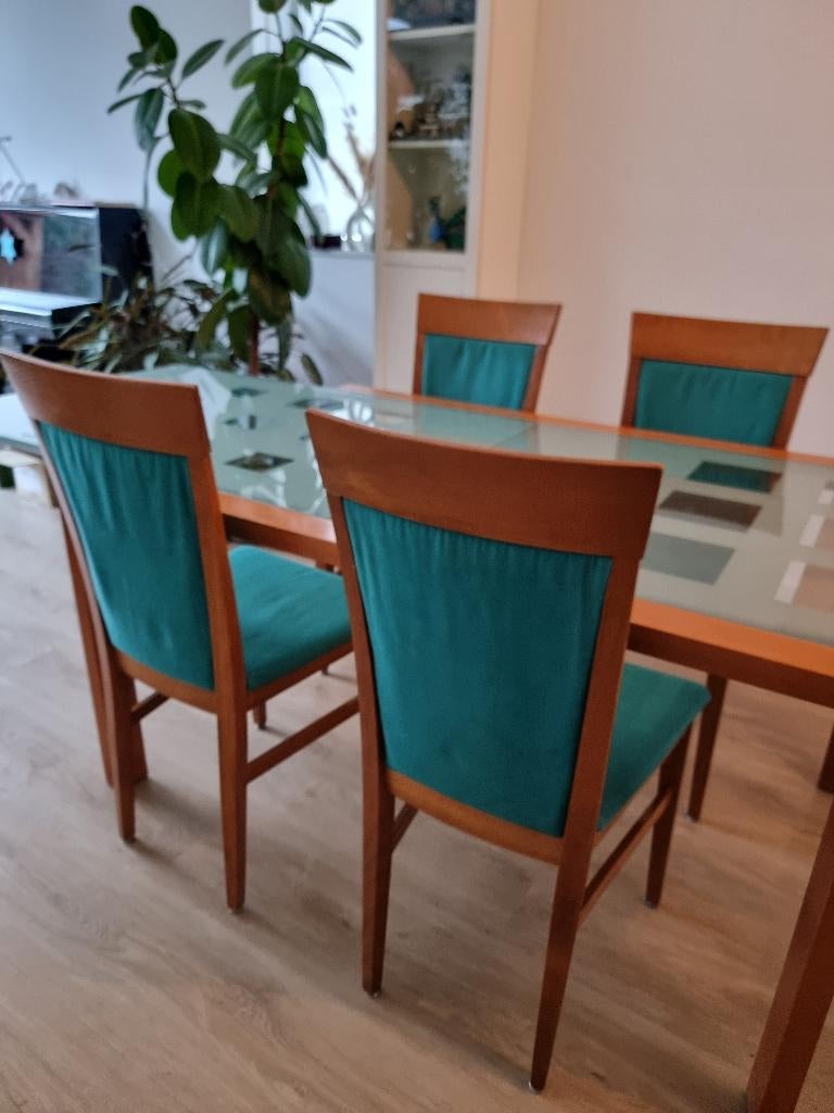 Ligne Roset Eettafel met vier passende stoelen, Ophalen, Glas, Gebruikt, 200 cm of meer