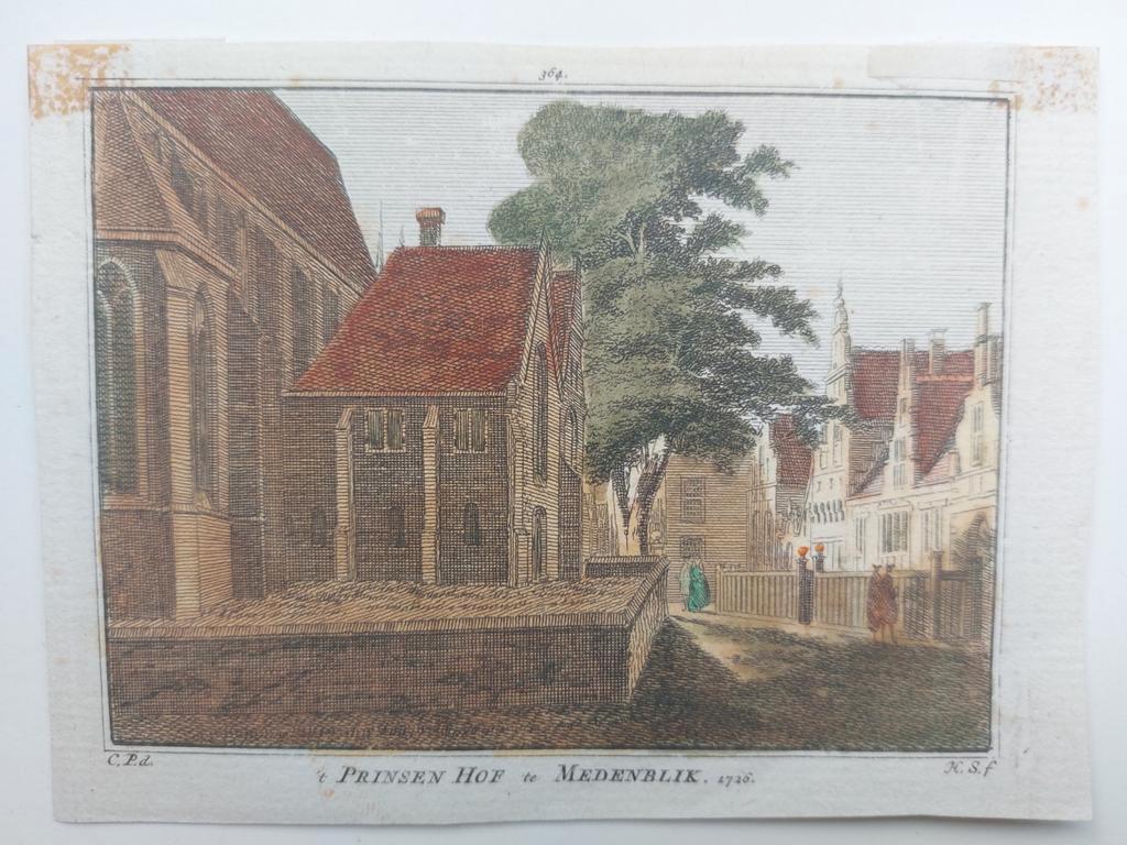 364 / 't Prinsen hof te Medemblik Gekleurde gravure 18e eeuw, Ophalen of Verzenden