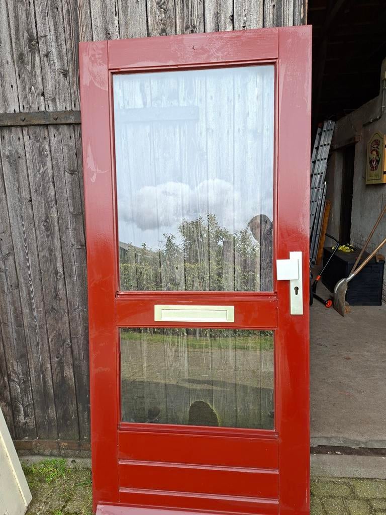 Hardhouten buitendeur met glas en brievenbus, Doe-het-zelf en Verbouw, Ophalen, Gebruikt, 80 tot 100 cm, 200 tot 215 cm