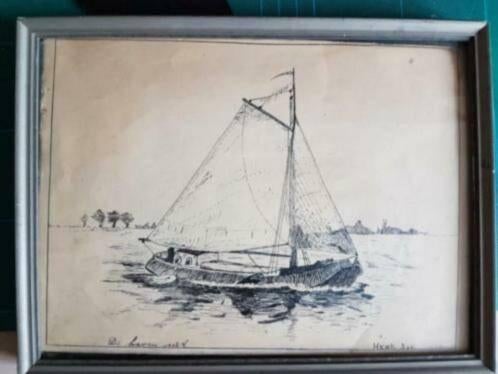Orig pentekening platbodem tjalk gesigneerd Henk Don 1938, Ophalen