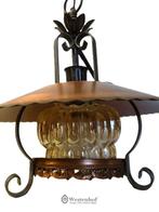 Vintage industriële hanglamp - dikke lampenkap glas, Gebruikt, Overige kleuren, Rond, Ophalen of Verzenden