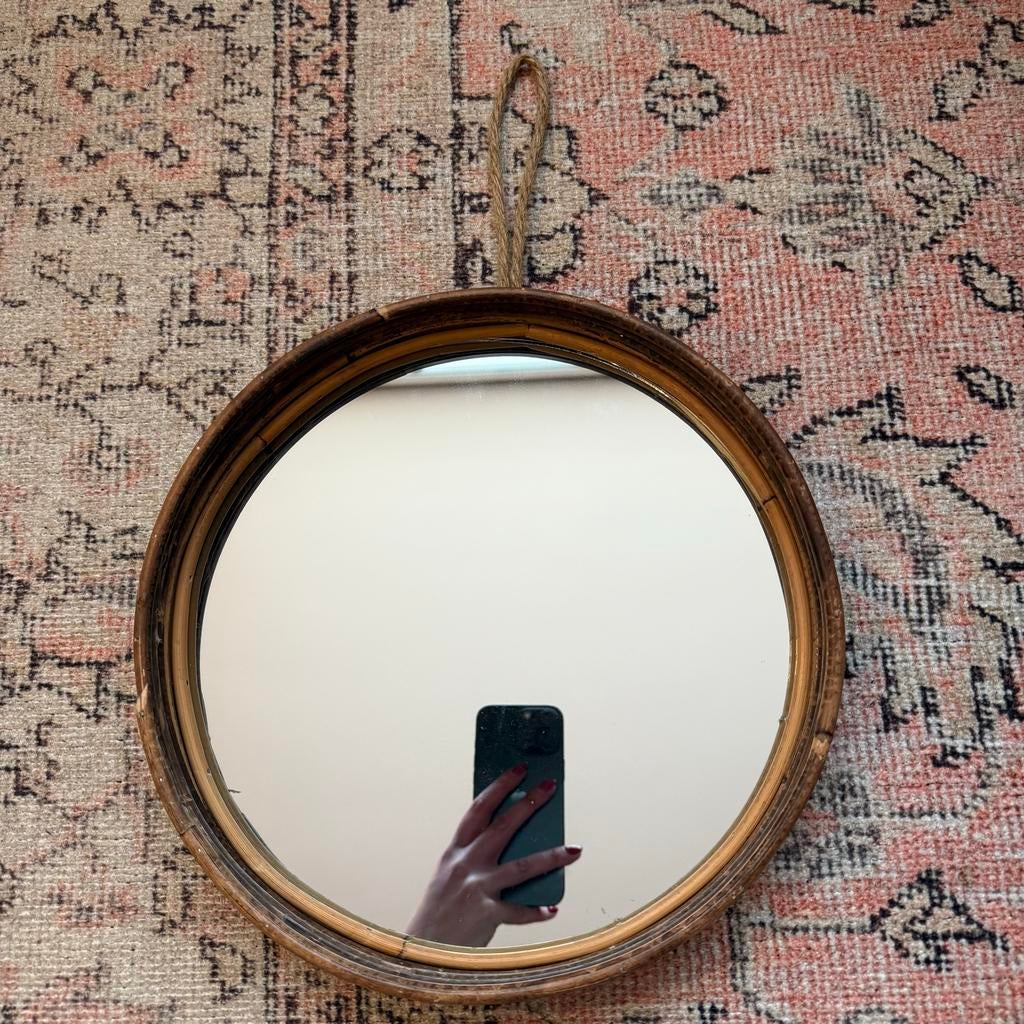 Ronde bamboe spiegel - Vintage look, Huis en Inrichting, Woonaccessoires | Spiegels, Minder dan 50 cm, Gebruikt, Rond, Ophalen of Verzenden