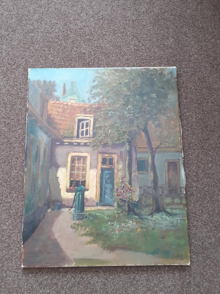 Olieverfschilderij van J. van Ros - Charmant Dorpsgezicht, Antiek en Kunst, Kunst | Schilderijen | Klassiek, Ophalen of Verzenden