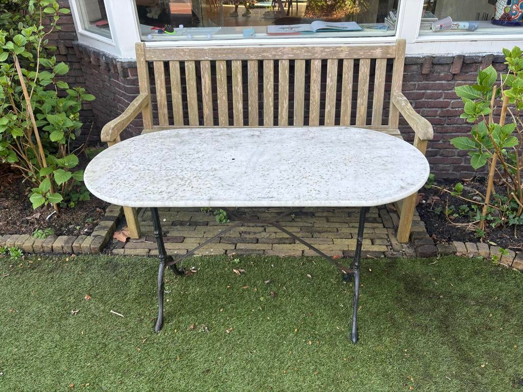 Vintage Marmeren Buitentafel 120x60,  Gietijzeren Onderstel, Ophalen, Gebruikt, Ovaal, Metaal