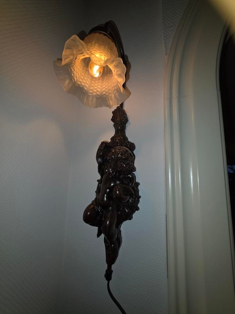 Set van 2 Antieke Wandlampjes met Engelen en Glazen Kap, Huis en Inrichting, Lampen | Wandlampen, Ophalen of Verzenden, Gebruikt