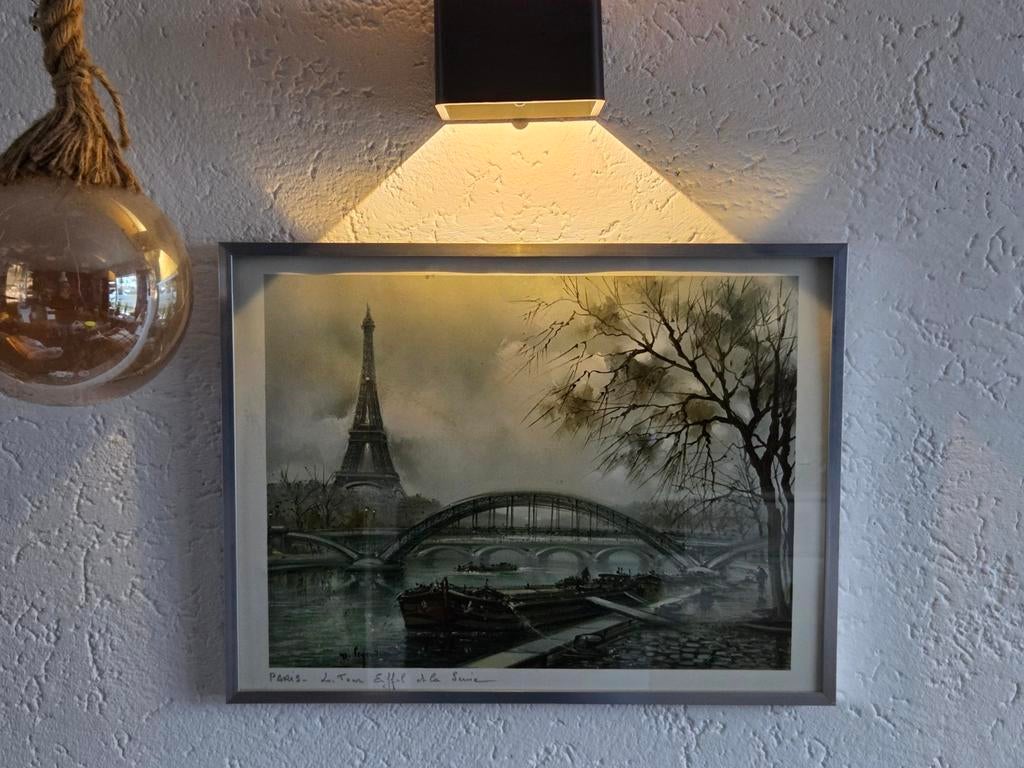 Aquarel tekening Eiffeltoren en Seine - Parijs, Antiek en Kunst, Ophalen of Verzenden