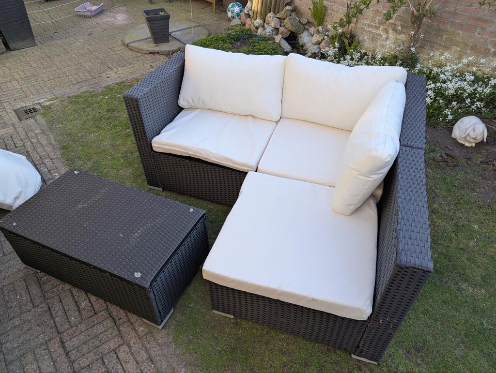 Wicker Loungeset met Kussens en Bijzettafel, Tuin en Terras, Tuinsets en Loungesets, Gebruikt, Wicker, Bijzettafel, Ophalen