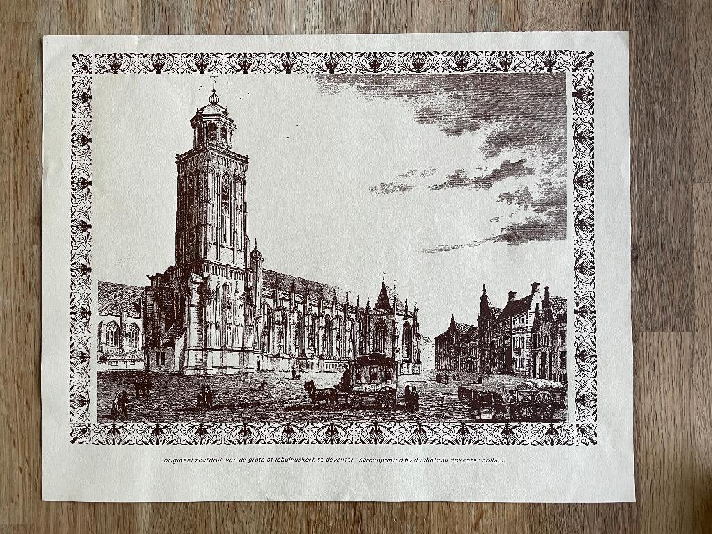Originele Zeefdruk De grote of Lebuinuskerk te Deventer, 2st, Antiek en Kunst, Kunst | Litho's en Zeefdrukken, Ophalen of Verzenden