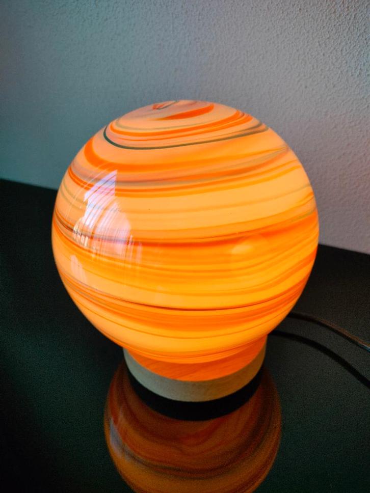 Italie Murano Lamp Bol Oranje Turquoise Wit Filigrana 1980, Huis en Inrichting, Lampen | Tafellampen, Zo goed als nieuw, Minder dan 50 cm