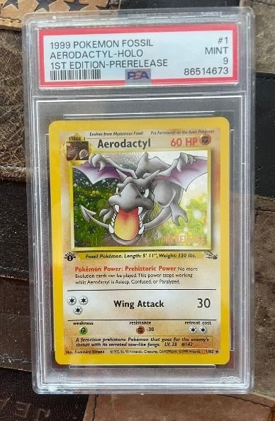 Aerodactyl #1 Holo 1st edition prerelease PSA 9, Hobby en Vrije tijd, Verzamelkaartspellen | Pokémon, Verzenden, Zo goed als nieuw