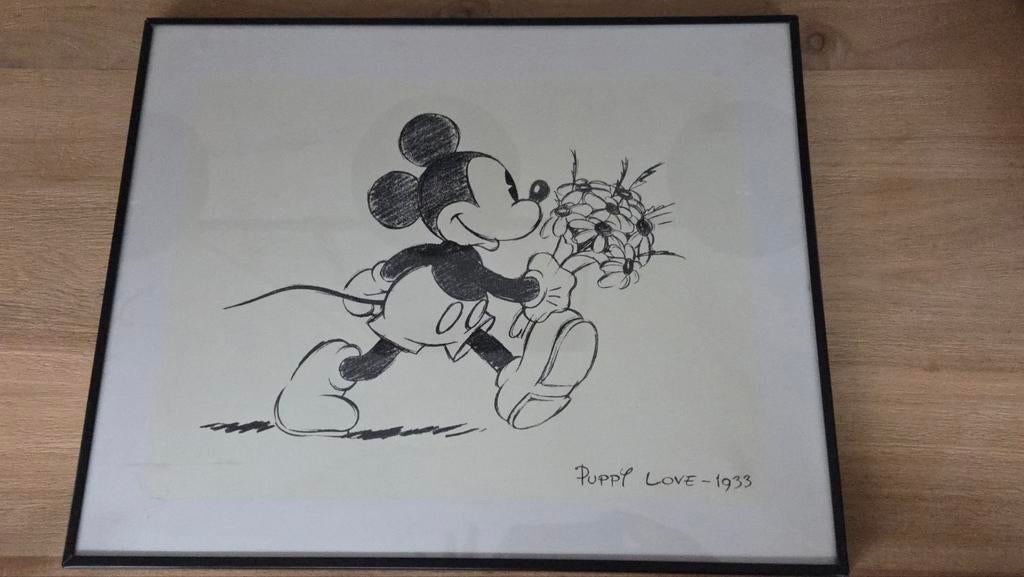 Mickey Mouse Puppy Love - 1933 ingelijste tekening, Antiek en Kunst, Ophalen of Verzenden
