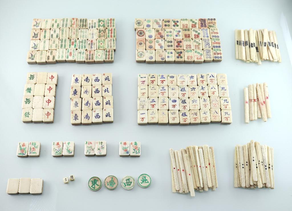 Antieke mahjong set been met bamboe, compleet, Ophalen of Verzenden