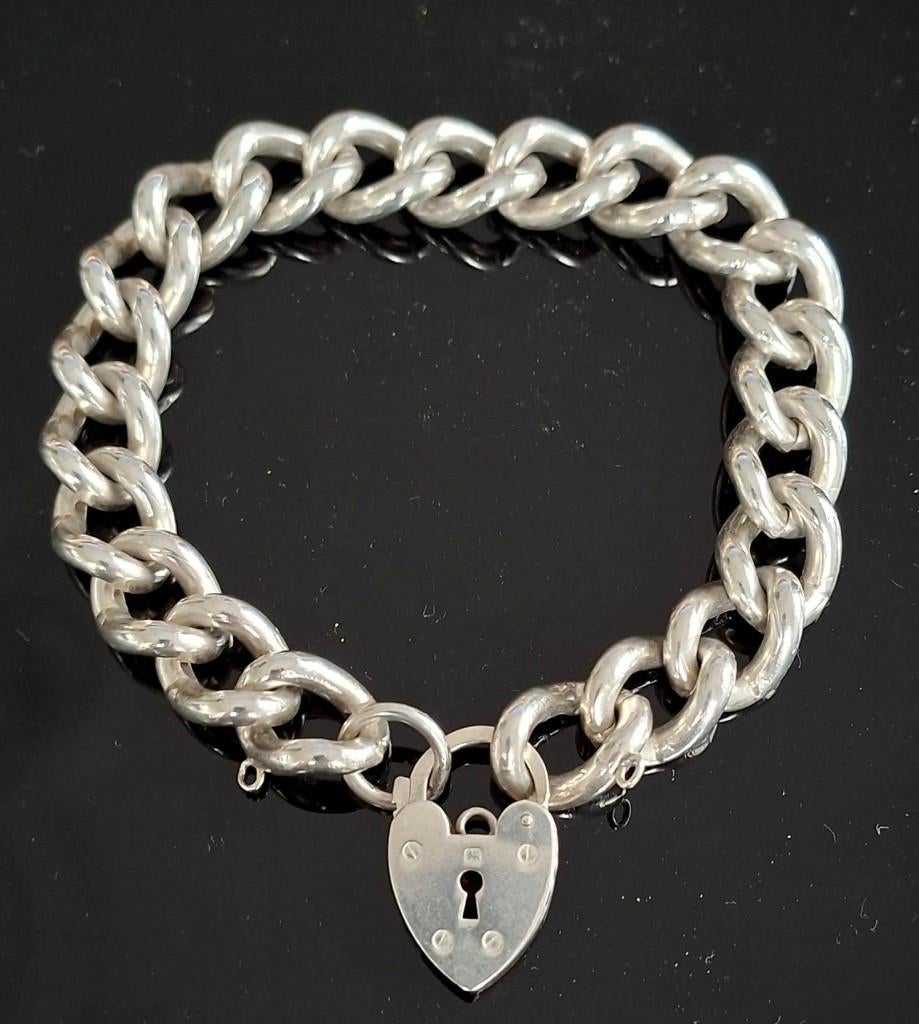 Schitterende U.K. Sterling Zilver Armband Padlock Sluiting, Sieraden, Tassen en Uiterlijk, Antieke sieraden, Ophalen of Verzenden