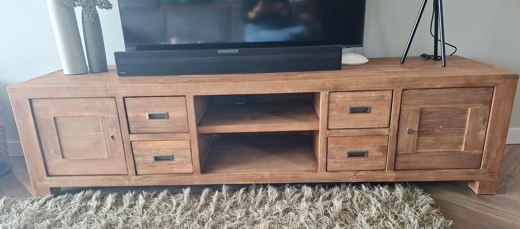 Robuuste Teakhouten Televisiekast met Opbergruimte, Ophalen, Gebruikt, Landelijk, Robuust, 150 tot 200 cm