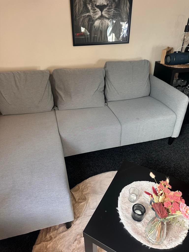 Comfortabele 3-persoons hoekbank met chaise longue, Ophalen, 125 tot 150 cm, Driepersoons, Zo goed als nieuw