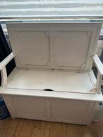 Handgemaakt wit gebeitst houten klepbankje met opbergruimte, Huis en Inrichting, Stoelen, Ophalen, Gebruikt, Wit, Hout