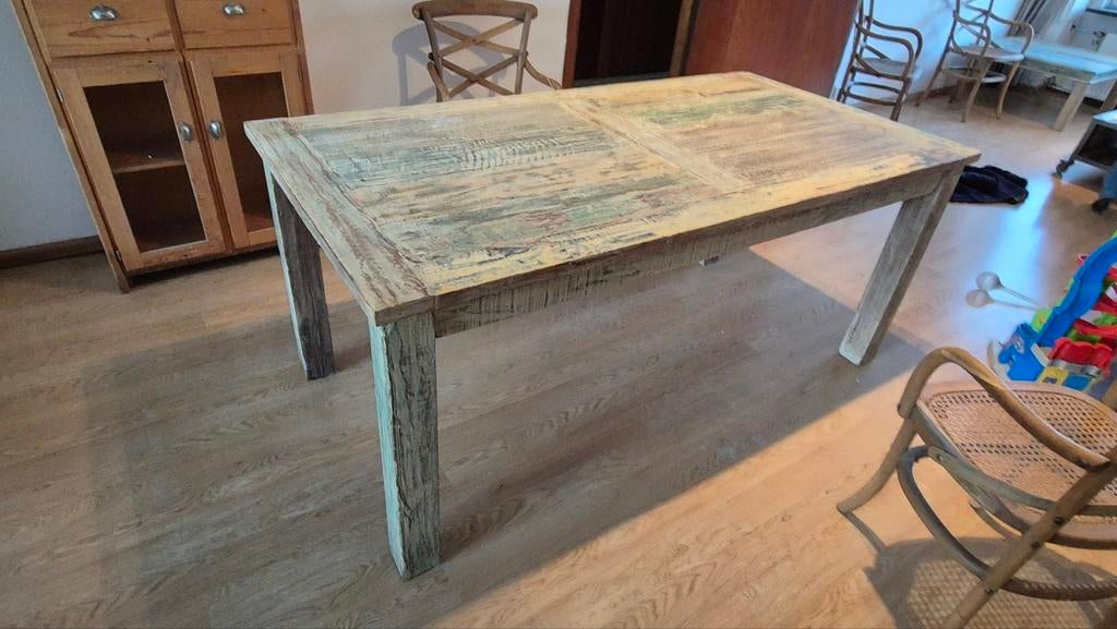 Stoere houten eettafel, Ophalen, 50 tot 100 cm, Zo goed als nieuw, Vijf personen of meer