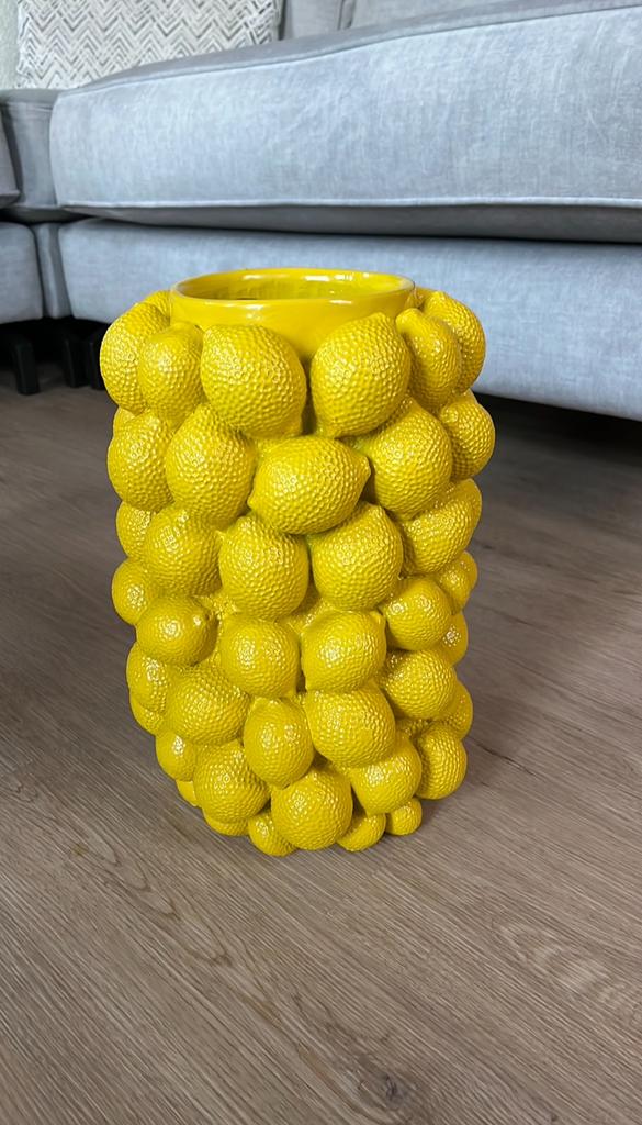 Grote gele vaas met citroenen, citroenenvaas, Rond, Ophalen of Verzenden, Zo goed als nieuw, Minder dan 25 cm