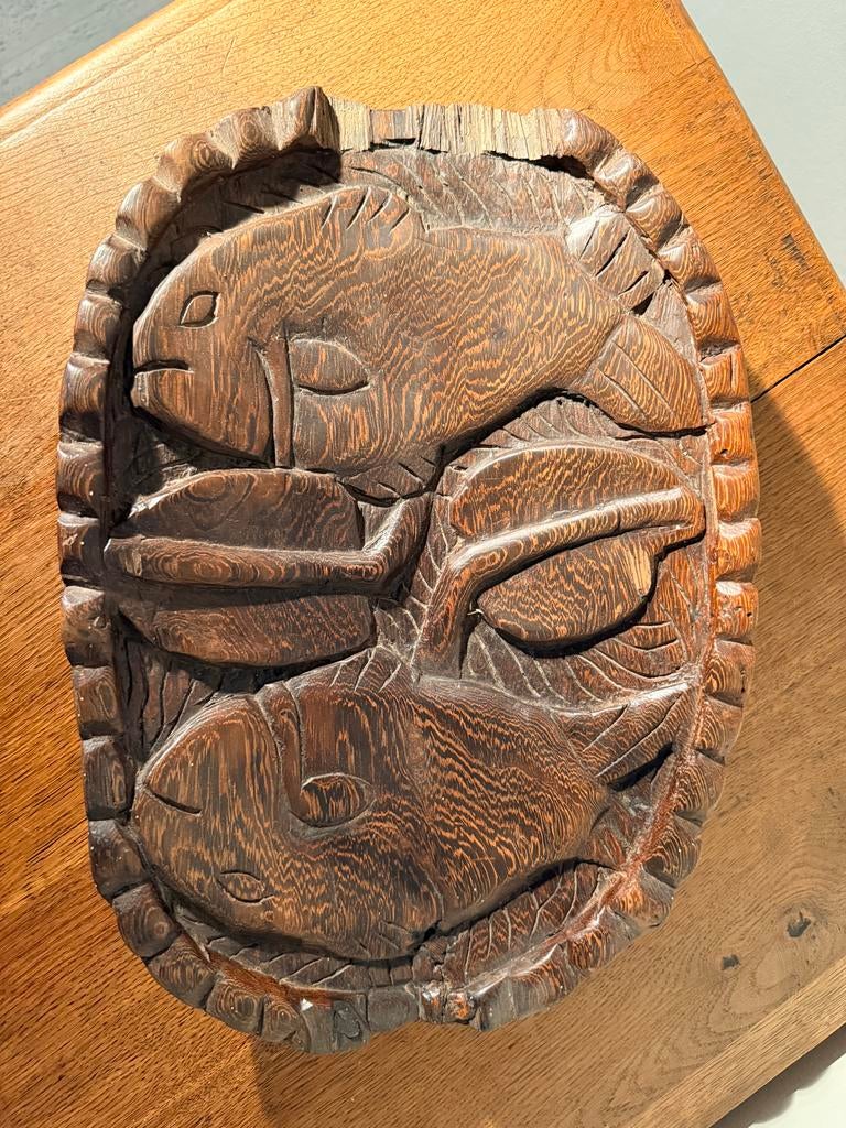 Decoratieve houten schaal met vissen reliëf, Antiek en Kunst, Ophalen
