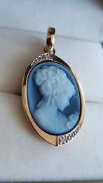 14 karaat gouden kettinghanger met camee en diamanten, Verzenden, Nieuw, Blauw, Goud