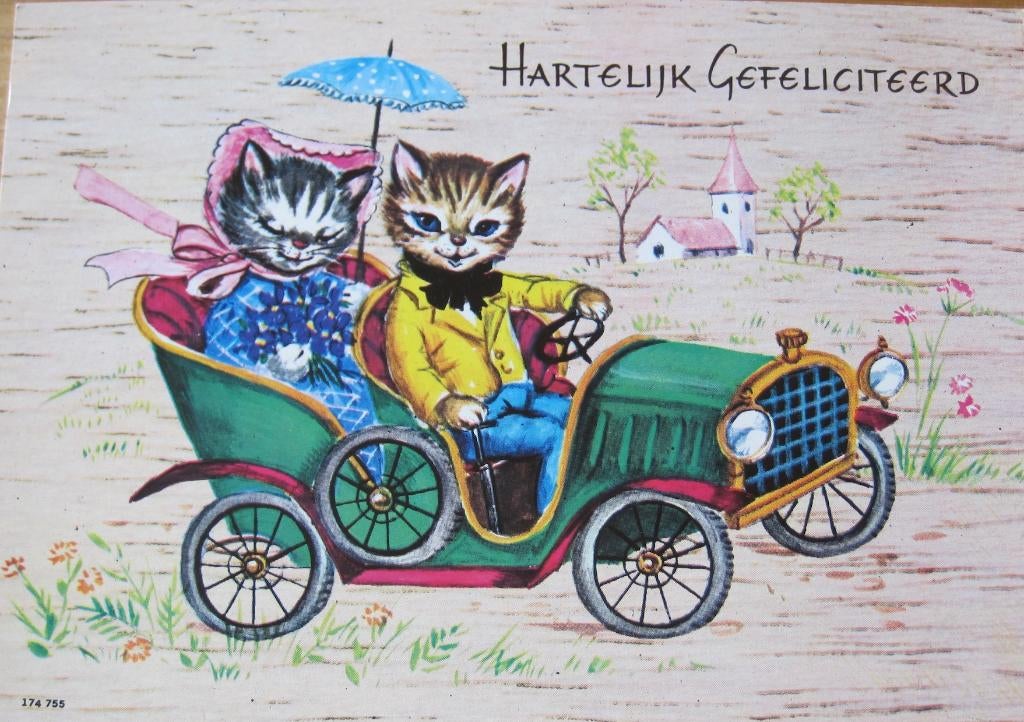 hartelijk gefeliciteerd - twee poezen in oldtimer - nieuw, Verzenden, 1980 tot heden, Gelopen, Overige thema's