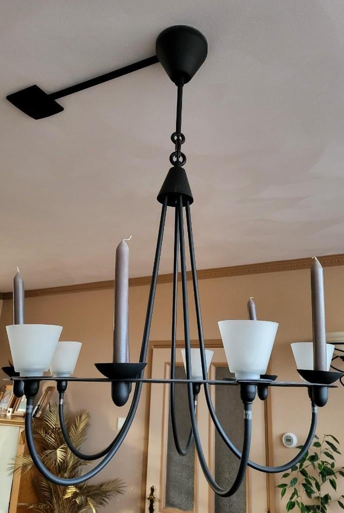 Zwarte kroonluchter combi lamp en kaars, Huis en Inrichting, Lampen | Kroonluchters, Ophalen, Zo goed als nieuw, Glas, Landelijk