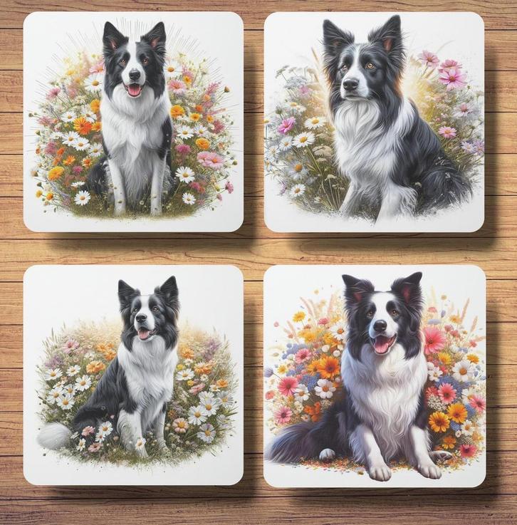 Border Collie Lente onderzetters met houder, Huis en Inrichting, Woonaccessoires | Onderzetters, Nieuw, Glas of Kopje, Ophalen of Verzenden
