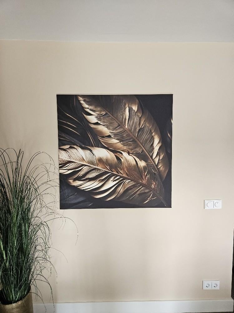 Canvas Schilderij, Zwart met Gouden palm. 100 bij 100cm., Huis en Inrichting, Woonaccessoires | Schilderijen, Tekeningen en Foto's