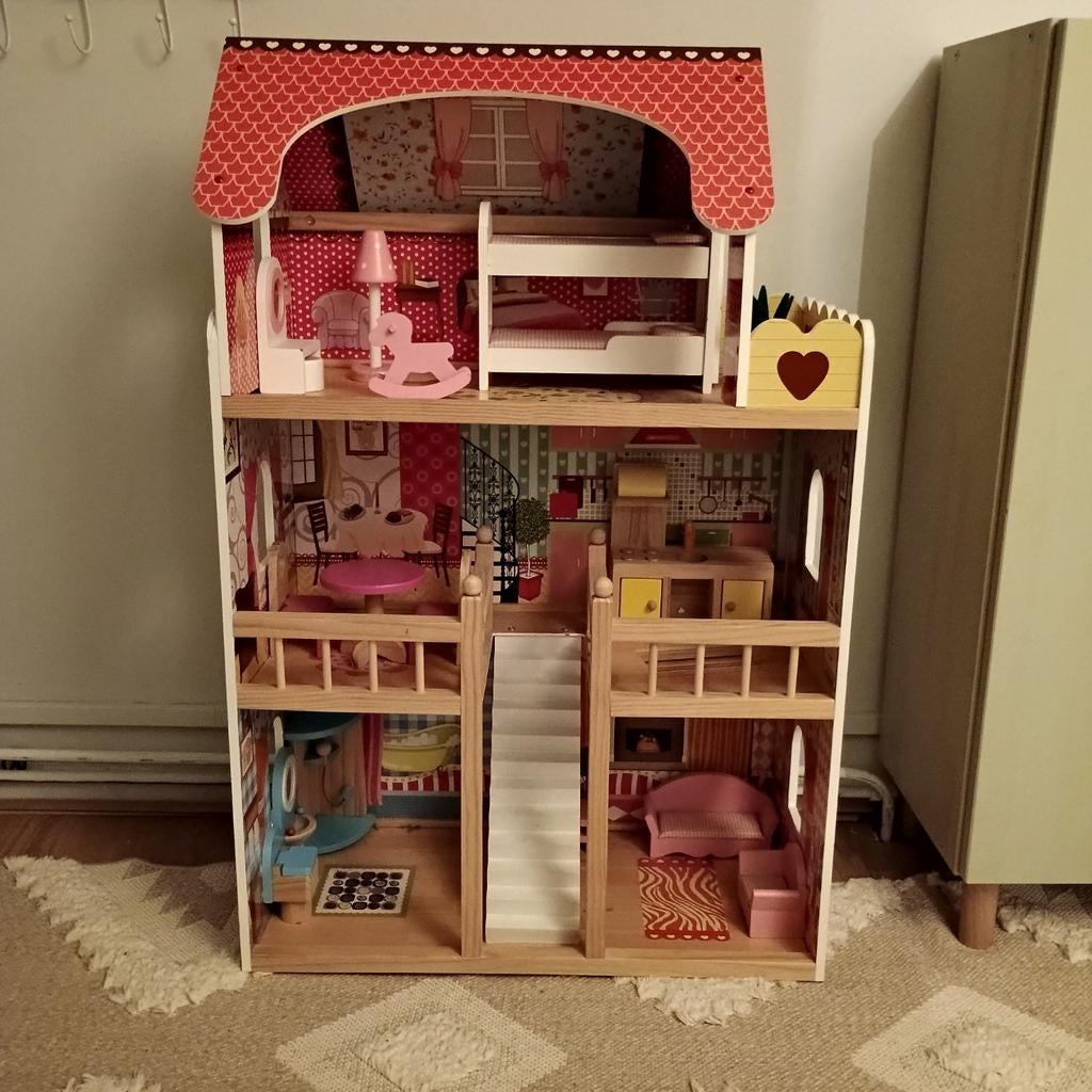 Stevige houten Poppenhuis inclusief accessoires, Ophalen, Poppenhuis
