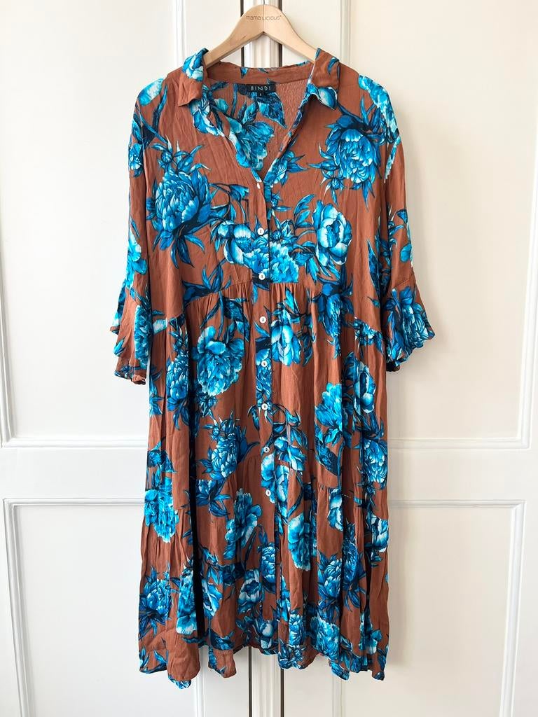 Bindi midi jurk met knoopjes bruin/blauw, maat L, Kleding | Dames, Maat 38/40 (M), P, Bruin, P